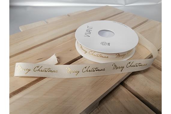 Nastro in tessuto crema con stampa merry christmas in oro - 15mmx15m