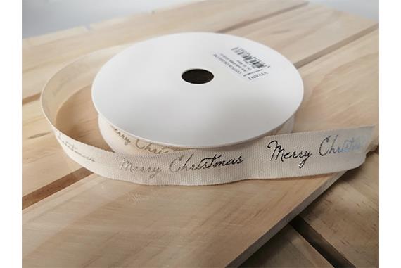 Nastro in tessuto crema con stampa merry christmas in argento - 15mmx15m