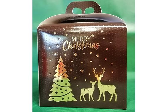 Box porta panettone marrone con maniglia con stampa dorata a caldo